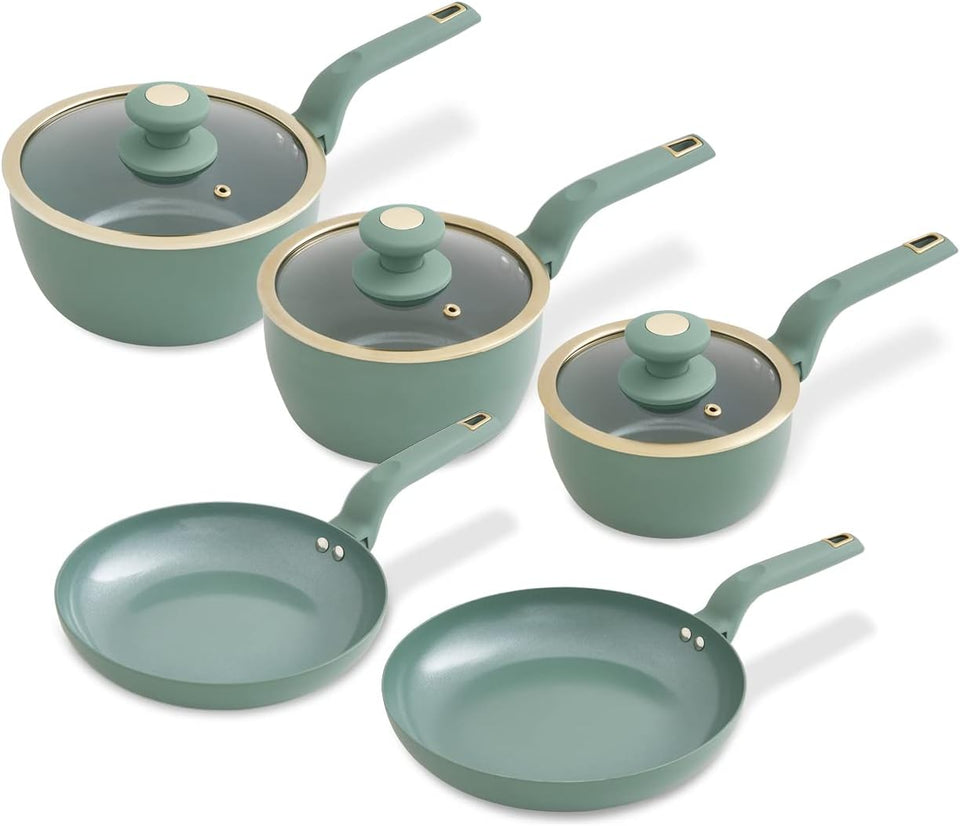 Tower T800232JDE Cavaletto 5 Piece Cookware Pan Set with 16cm, 18cm, 20cm Saucepans and 24cm, 28cm Non-Stick Frying Pans, Jade Green & Champagne Gold