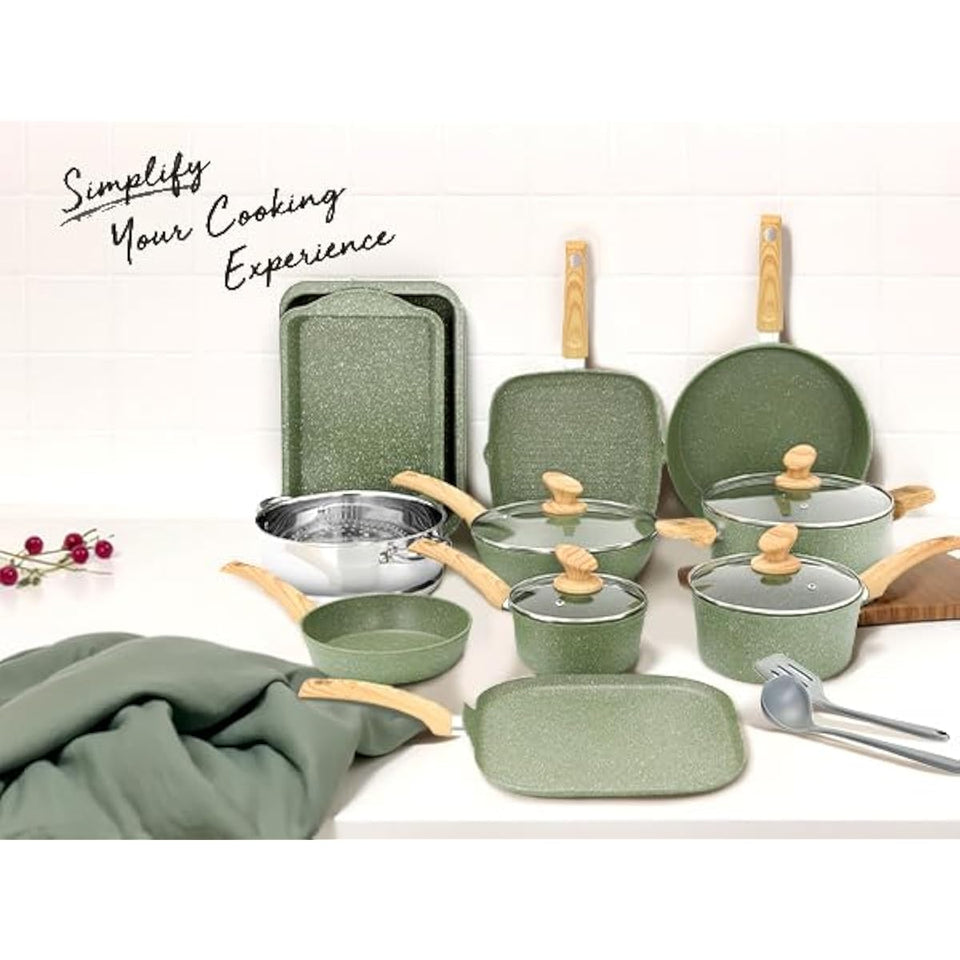Kitchen Academy 17 Piece Non-Stick Pots and Pans Set, Induction Pan Set, Granite Non-Stick Saucepan Set, Green