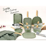 Kitchen Academy 17 Piece Non-Stick Pots and Pans Set, Induction Pan Set, Granite Non-Stick Saucepan Set, Green