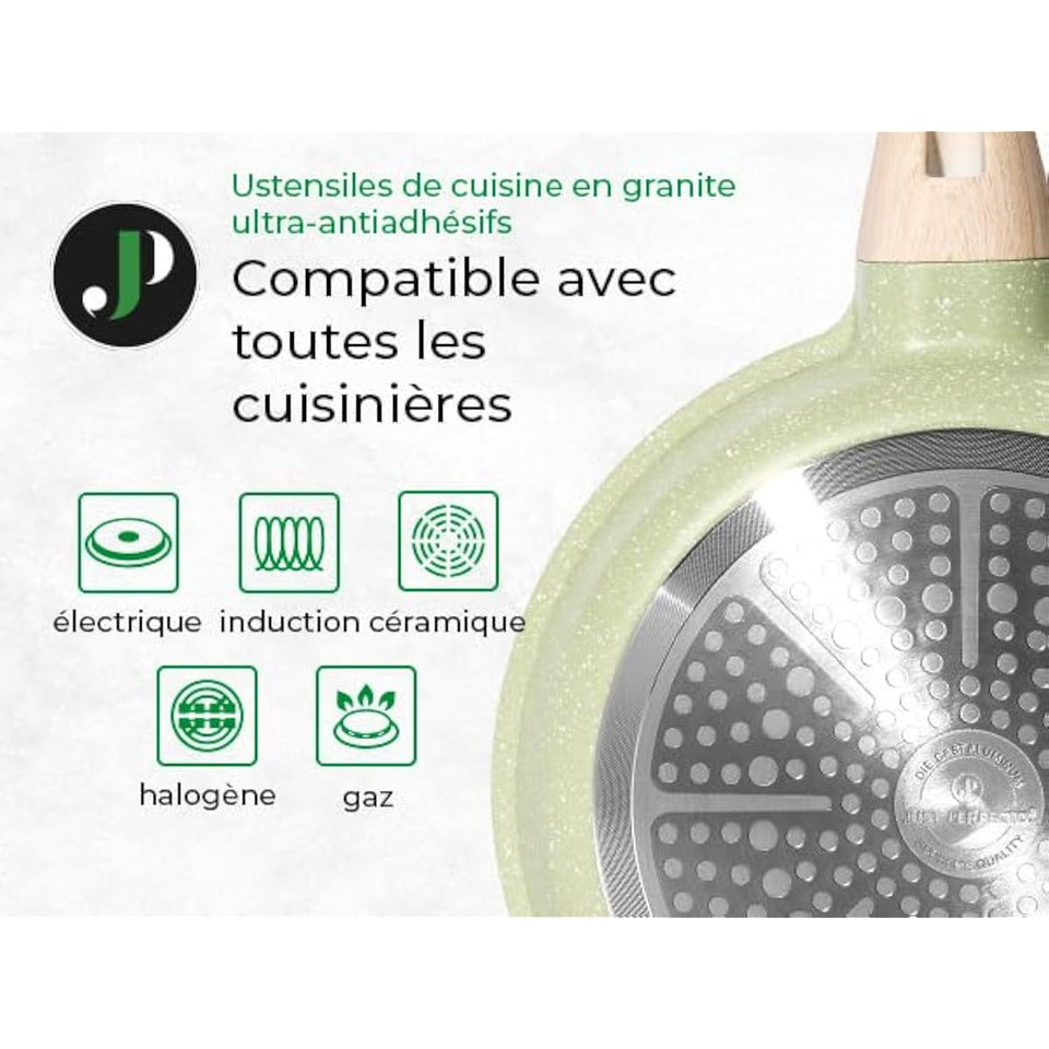 Just Perfecto Set of 15 Pots and Pans, Non-Stick Cookware Set, Granite Induction Cookware Non-Stick Set with Frying Pans and Saucepans (PFOS, PFOA Free) (Green)
