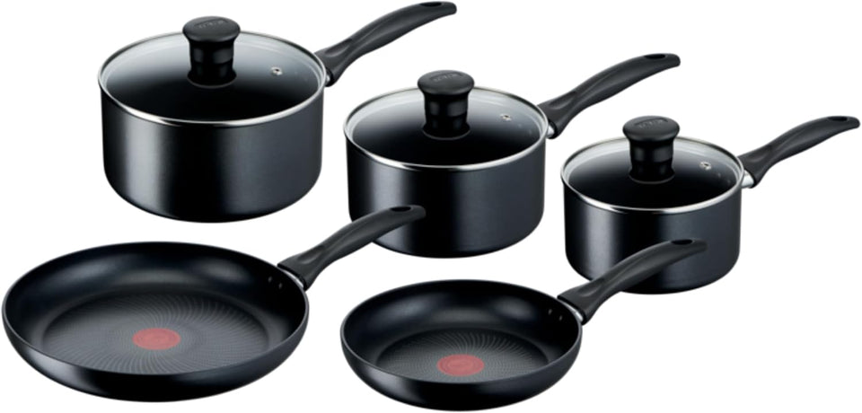 Tefal Induction Non‑Stick Coating 5‑Piece Cookware Set, 16/18/20 cm Saucepans + 22/26 cm Frying Pans, Thermo‑Signal, Glass Lids, All Hobs Including Induction, Black - G155S54