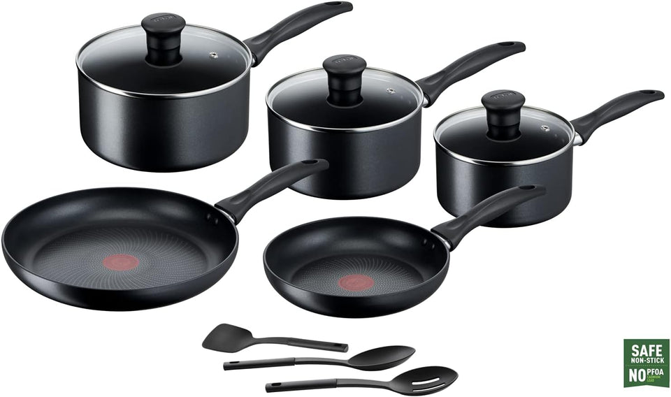 Tefal Induction Non‑Stick Coating 5‑Piece Cookware Set, 16/18/20 cm Saucepans + 22/26 cm Frying Pans, Thermo‑Signal, Glass Lids, All Hobs Including Induction, Black - G155S54