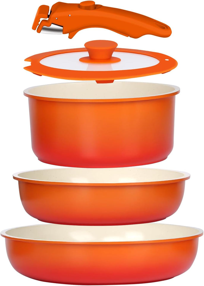 GiPP 11Pcs Pots and Pans Set with Detachable Handle, Pans Set with Ceramic Non-Stick Coating, Induction Stackable Cooking Pots Set, Mobile Cookware Set Ovenproof Safe, Orange Gradient
