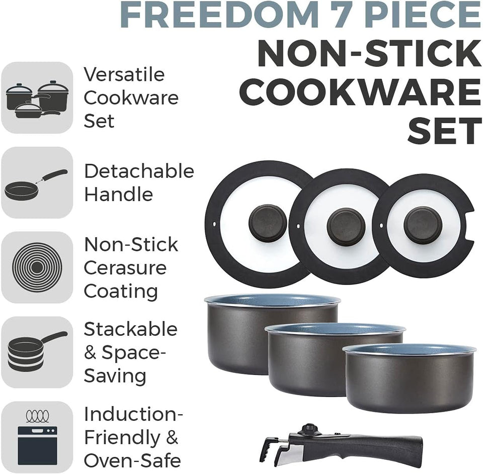 Tower Freedom T800201 7 Piece Cookware Set with Ceramic Coating, Stackable Design and Detachable Handle, Graphite, Aluminium, Black