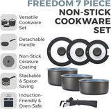 Tower Freedom T800201 7 Piece Cookware Set with Ceramic Coating, Stackable Design and Detachable Handle, Graphite, Aluminium, Black
