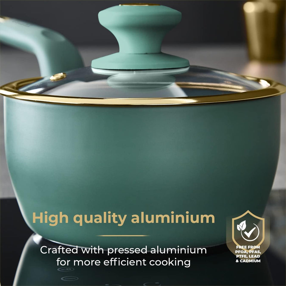 Tower T800232JDE Cavaletto 5 Piece Cookware Pan Set with 16cm, 18cm, 20cm Saucepans and 24cm, 28cm Non-Stick Frying Pans, Jade Green & Champagne Gold