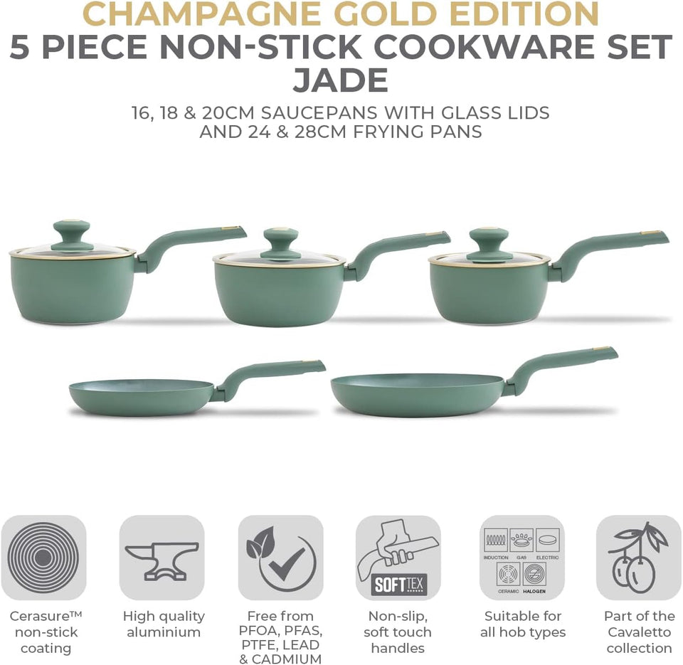 Tower T800232JDE Cavaletto 5 Piece Cookware Pan Set with 16cm, 18cm, 20cm Saucepans and 24cm, 28cm Non-Stick Frying Pans, Jade Green & Champagne Gold