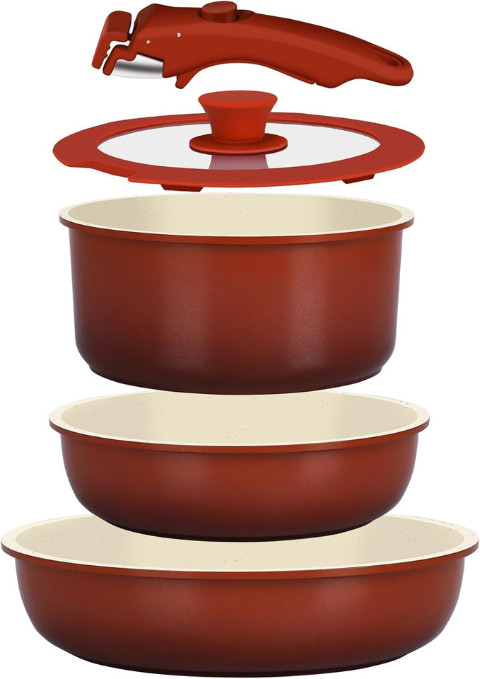 GiPP 11Pcs Pots and Pans Set with Detachable Handle, Pans Set with Ceramic Non-Stick Coating, Induction Stackable Cooking Pots Set, Mobile Cookware Set Ovenproof Safe, Orange Gradient