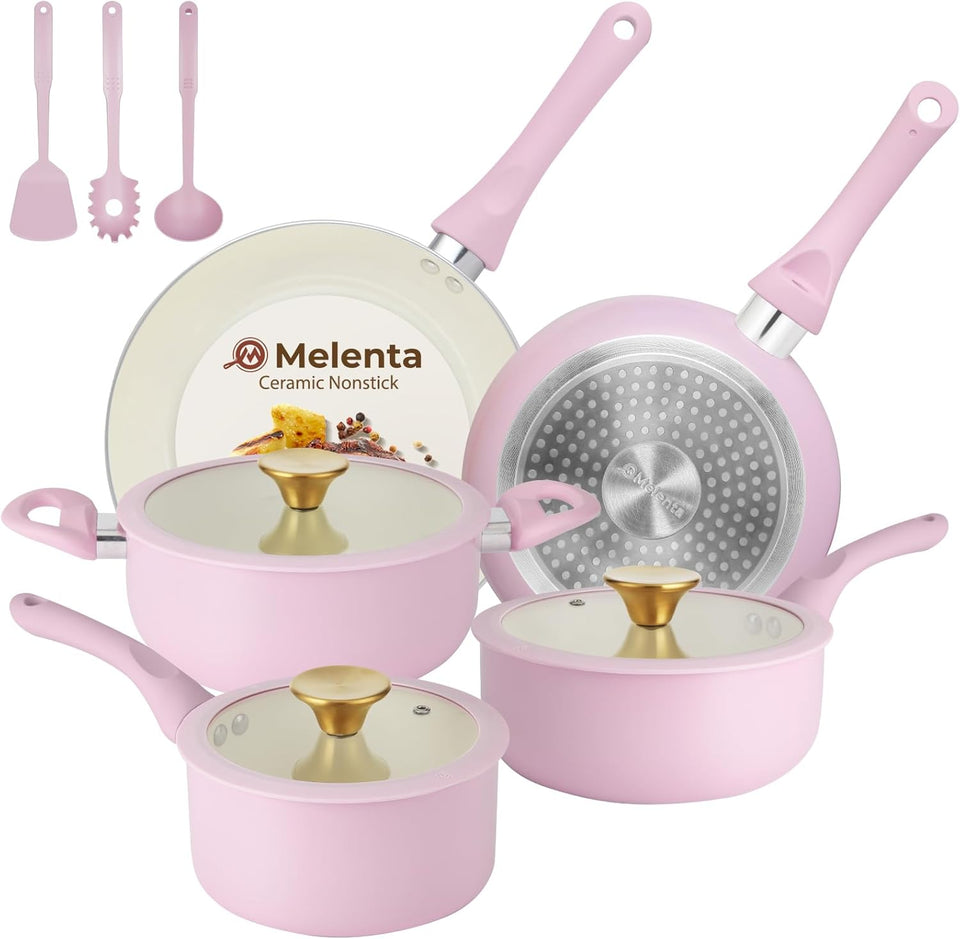 M MELENTA Pots and Pans Set Non Stick, 11 Piece Die-Cast Induction Hob Pan Set, Ceramic Cookware Set Nonstick Cooking Sets with Frying Pans, Saucepan Set, 100% PFOA Free, Cream