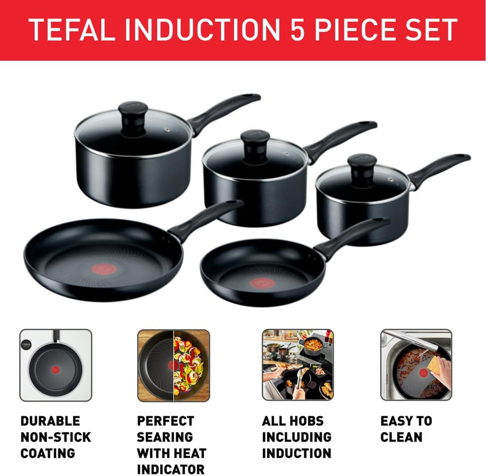 Tefal Induction Non‑Stick Coating 5‑Piece Cookware Set, 16/18/20 cm Saucepans + 22/26 cm Frying Pans, Thermo‑Signal, Glass Lids, All Hobs Including Induction, Black - G155S54