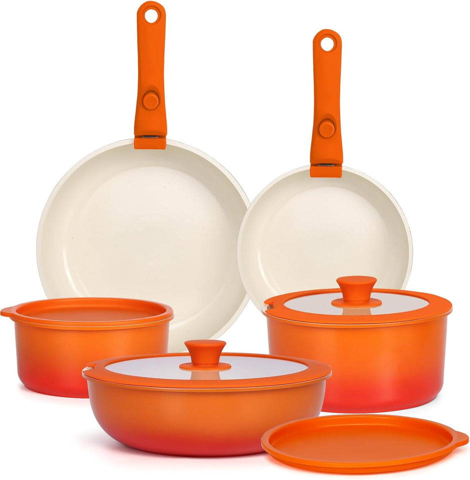 GiPP 11Pcs Pots and Pans Set with Detachable Handle, Pans Set with Ceramic Non-Stick Coating, Induction Stackable Cooking Pots Set, Mobile Cookware Set Ovenproof Safe, Orange Gradient