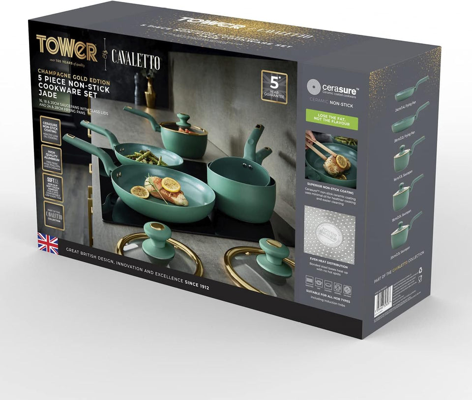 Tower T800232JDE Cavaletto 5 Piece Cookware Pan Set with 16cm, 18cm, 20cm Saucepans and 24cm, 28cm Non-Stick Frying Pans, Jade Green & Champagne Gold