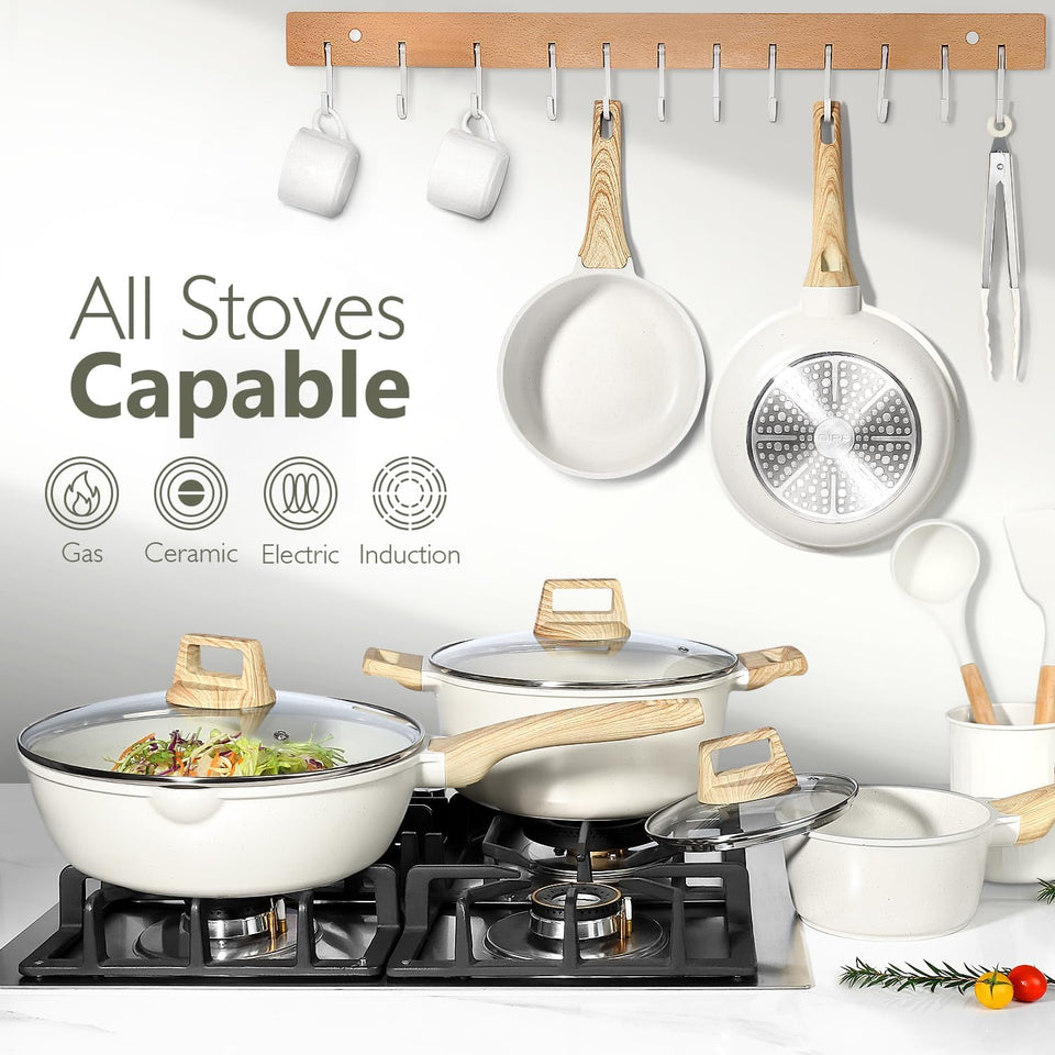 GiPP Pots and Pans Set Non Stick - 14 Piece White Ceramic Kitchen Cookware Sets Nonstick Induction Cookware Non-Toxic Cooking Pan Set with Silicone Spatula&Spoon, PFOS and PFOA Free (White, 14PCS)