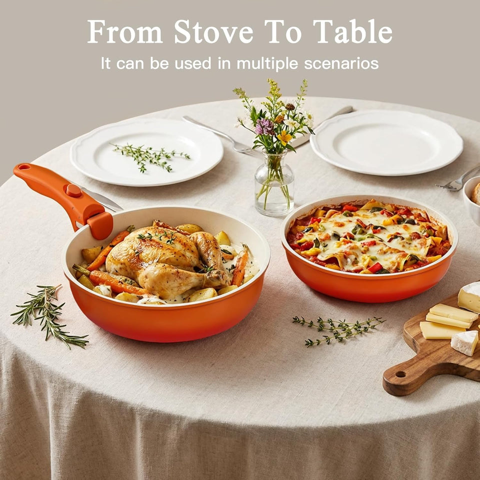 GiPP 11Pcs Pots and Pans Set with Detachable Handle, Pans Set with Ceramic Non-Stick Coating, Induction Stackable Cooking Pots Set, Mobile Cookware Set Ovenproof Safe, Orange Gradient