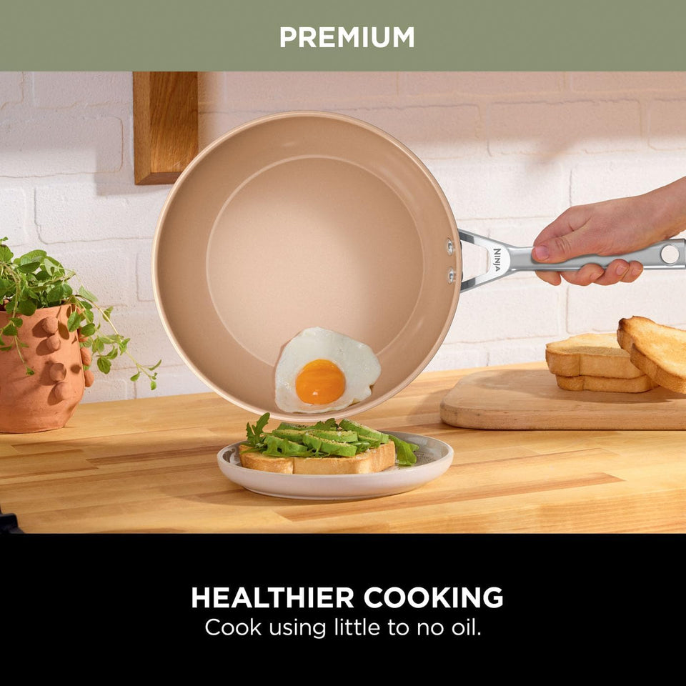 Ninja Extended Life 5-Piece Ceramic Cookware Set (20 & 24cm Frying Pans + 16, 18 & 20cm Saucepans & Lids), Non-Stick (No PFAs, PFOAs, Lead or Cadmium), Oven Safe 285°C, Terracotta/Grey, CW95000EUUKDB