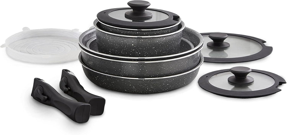 Tower Freedom T800201 7 Piece Cookware Set with Ceramic Coating, Stackable Design and Detachable Handle, Graphite, Aluminium, Black