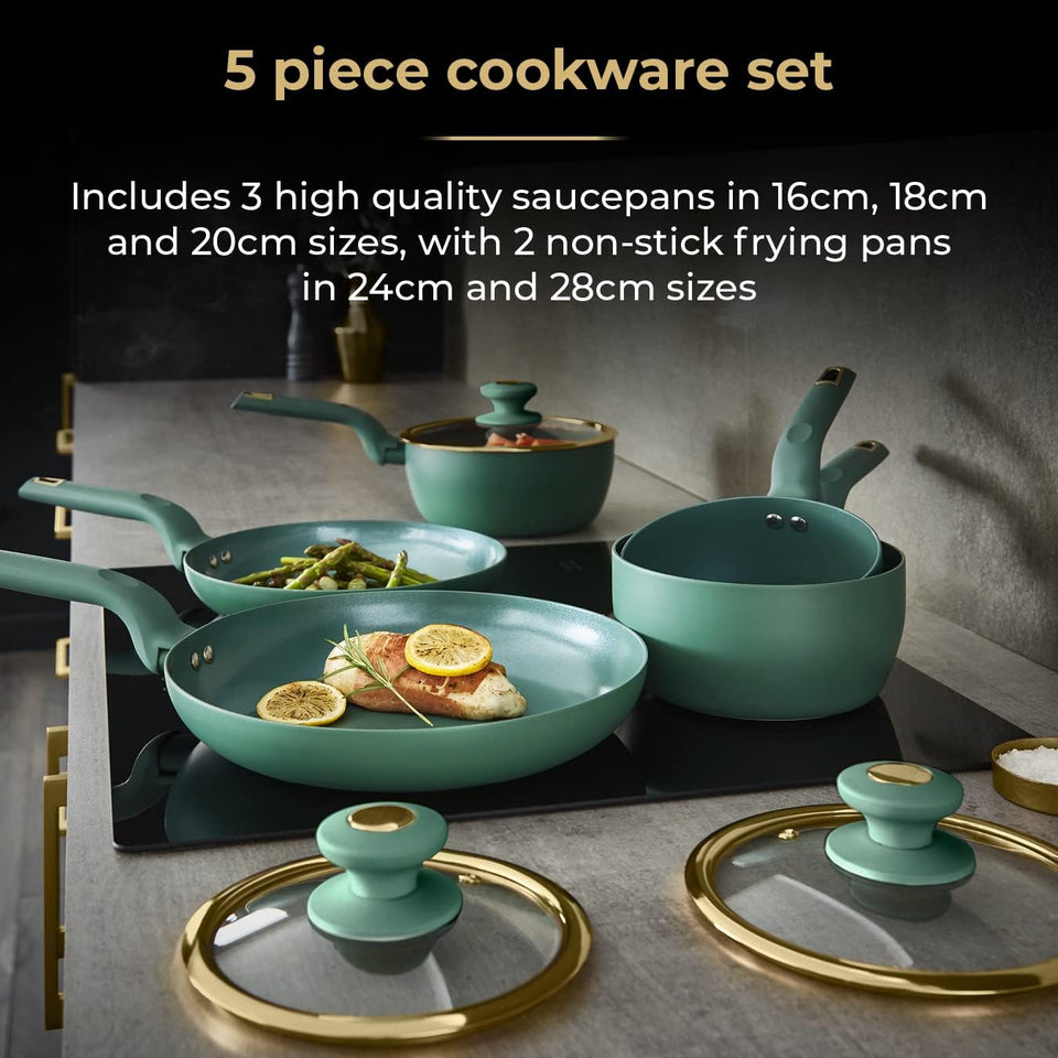 Tower T800232JDE Cavaletto 5 Piece Cookware Pan Set with 16cm, 18cm, 20cm Saucepans and 24cm, 28cm Non-Stick Frying Pans, Jade Green & Champagne Gold