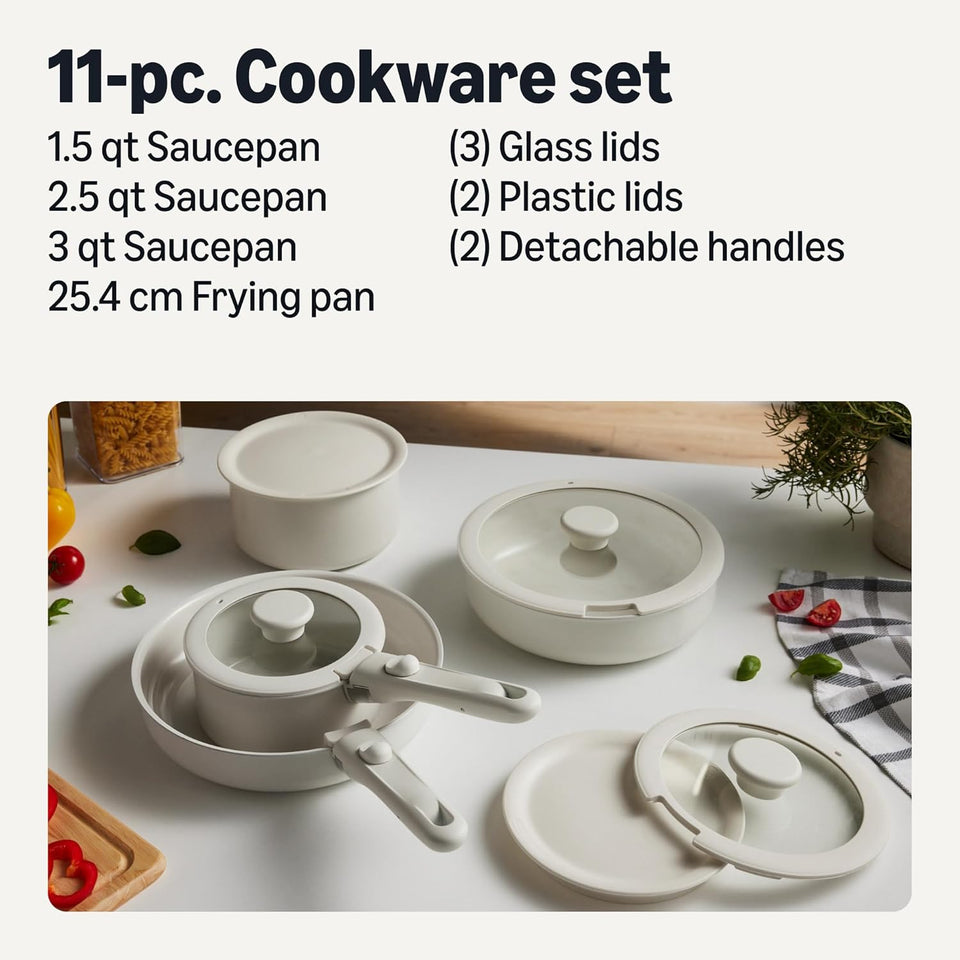 Amazon Basics Ceramic Nonstick Pots and Pans Set with Detachable Handle, 11-Piece Stackable Set, All Cooktop Friendly, Includes Saucepan, Frying pan, Ivory