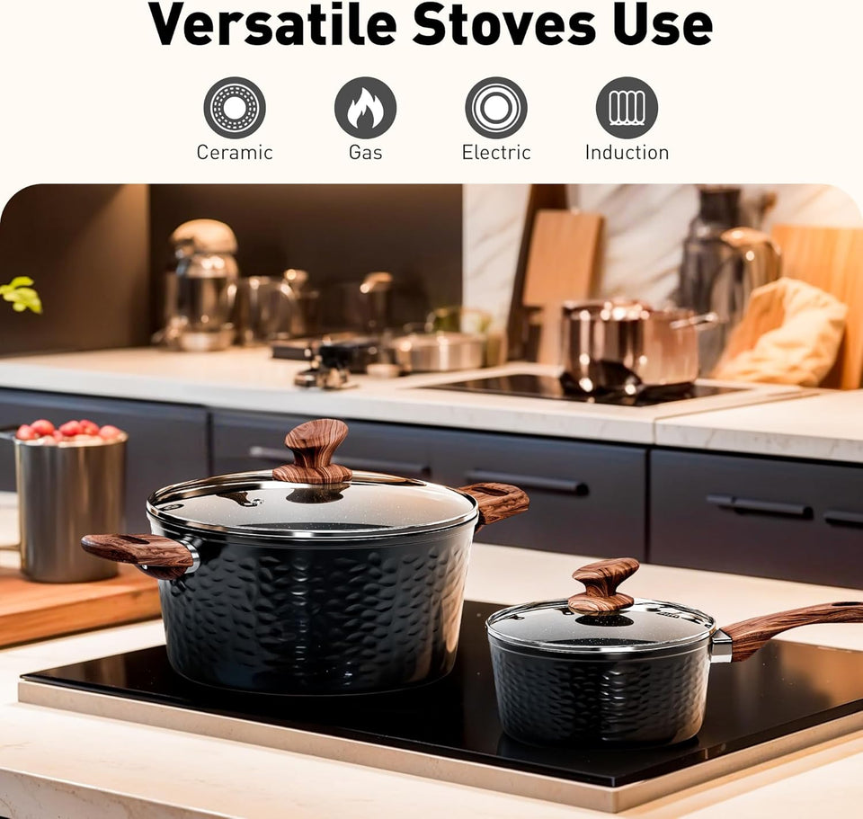 DishDelight Induction Hob Pan Set Pots and Pans Sets Non Stick 15pcs Saucepan Set with Lids Granite Cookware Nonstick Cooking Pot Frying Pan