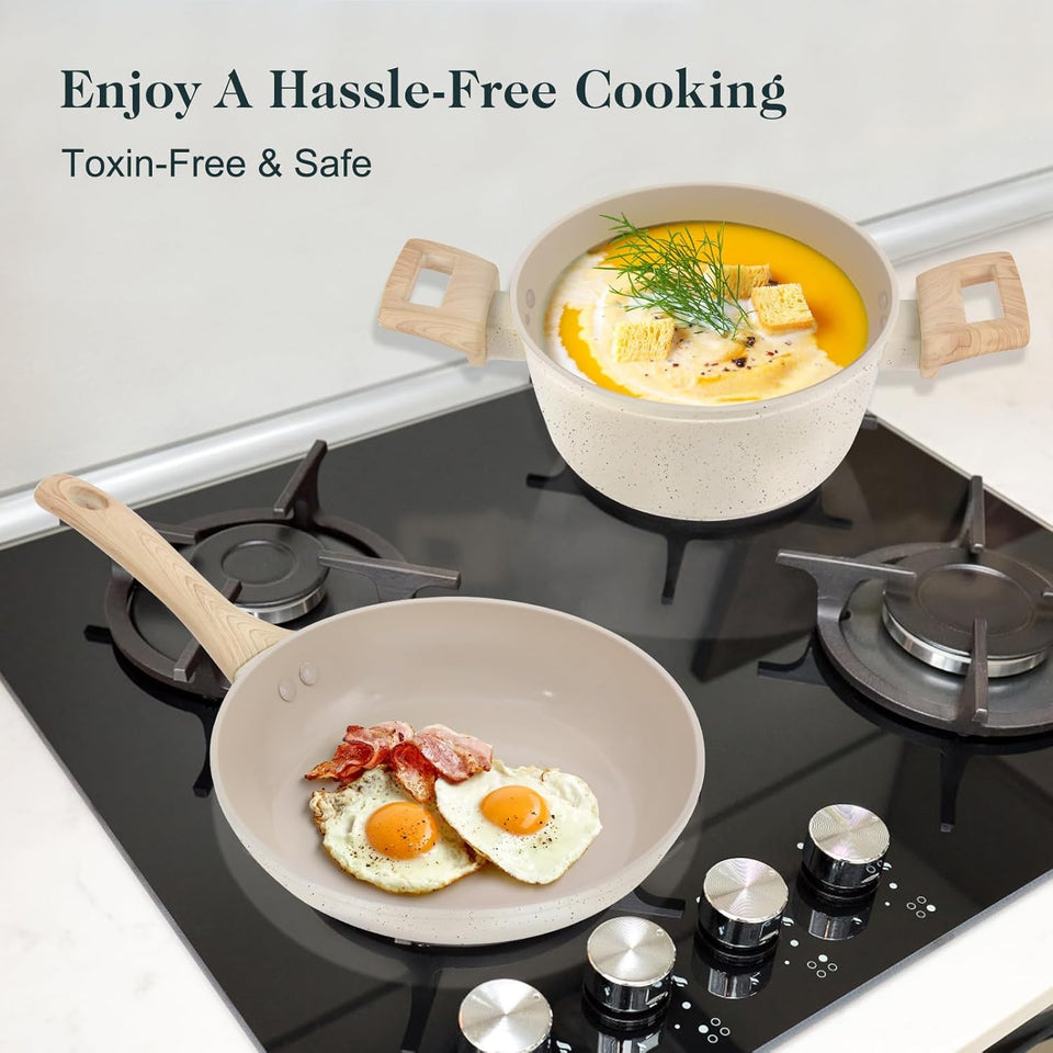 M MELENTA Pots and Pans Set Non Stick, 11 Piece Die-Cast Induction Hob Pan Set, Ceramic Cookware Set Nonstick Cooking Sets with Frying Pans, Saucepan Set, 100% PFOA Free, Cream