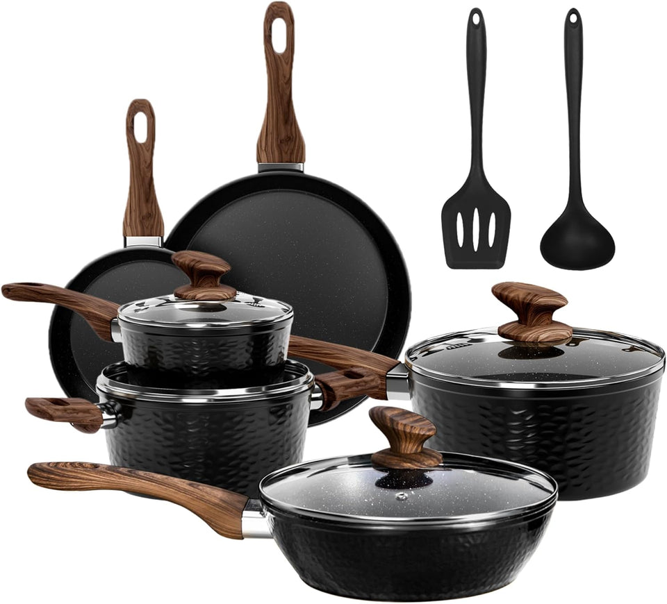 DishDelight Induction Hob Pan Set Pots and Pans Sets Non Stick 15pcs Saucepan Set with Lids Granite Cookware Nonstick Cooking Pot Frying Pan
