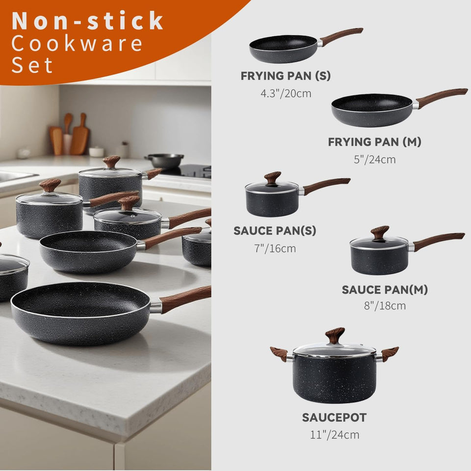 BARGAIN FACTORY Non-Stick Pots and Pans Set 8 Pieces, Cookware Set, Induction Compatible, Glass Lids, Wood-Look Handles, Cooking Marble Grey