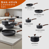BARGAIN FACTORY Non-Stick Pots and Pans Set 8 Pieces, Cookware Set, Induction Compatible, Glass Lids, Wood-Look Handles, Cooking Marble Grey