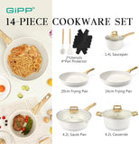 GiPP Pots and Pans Set Non Stick - 14 Piece White Ceramic Kitchen Cookware Sets Nonstick Induction Cookware Non-Toxic Cooking Pan Set with Silicone Spatula&Spoon, PFOS and PFOA Free (White, 14PCS)