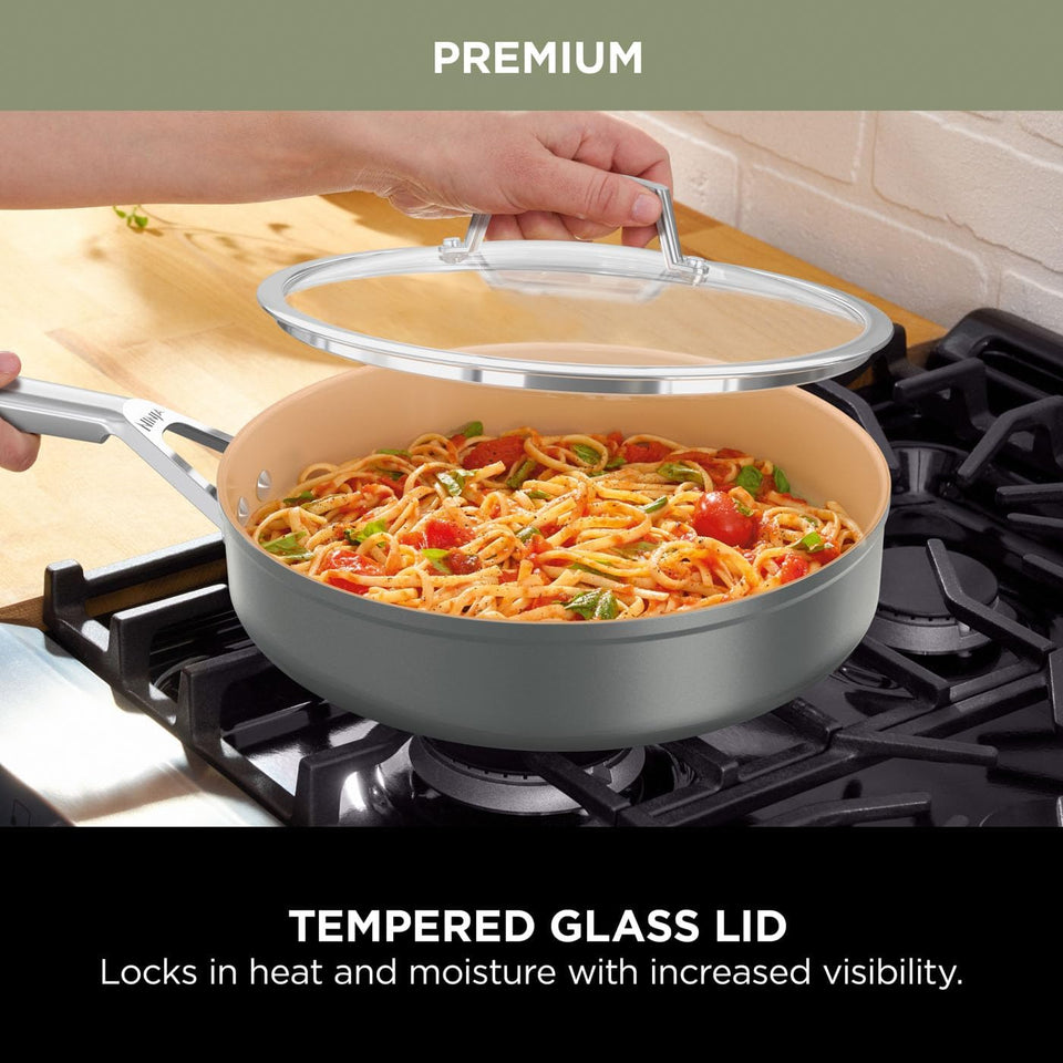 Ninja Extended Life 5-Piece Ceramic Cookware Set (20 & 24cm Frying Pans + 16, 18 & 20cm Saucepans & Lids), Non-Stick (No PFAs, PFOAs, Lead or Cadmium), Oven Safe 285°C, Terracotta/Grey, CW95000EUUKDB