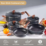 BARGAIN FACTORY Non-Stick Pots and Pans Set 8 Pieces, Cookware Set, Induction Compatible, Glass Lids, Wood-Look Handles, Cooking Marble Grey