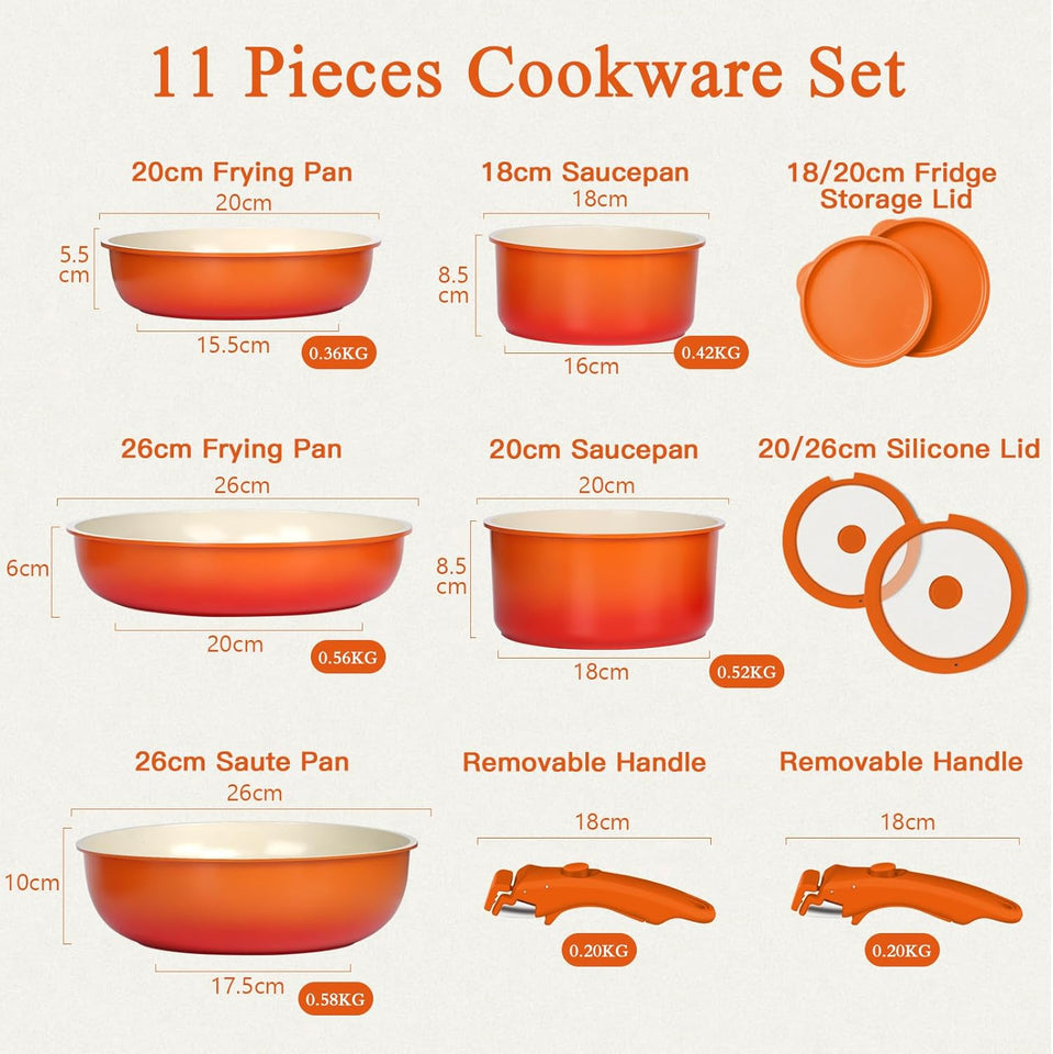 GiPP 11Pcs Pots and Pans Set with Detachable Handle, Pans Set with Ceramic Non-Stick Coating, Induction Stackable Cooking Pots Set, Mobile Cookware Set Ovenproof Safe, Orange Gradient