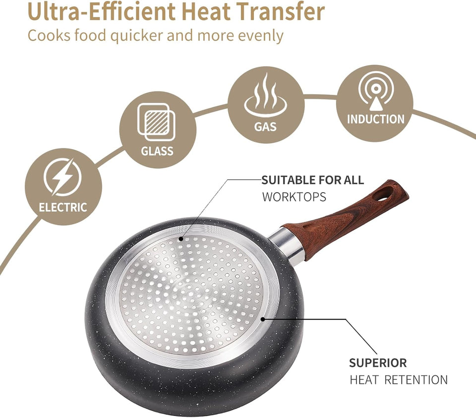 BARGAIN FACTORY Non-Stick Pots and Pans Set 8 Pieces, Cookware Set, Induction Compatible, Glass Lids, Wood-Look Handles, Cooking Marble Grey