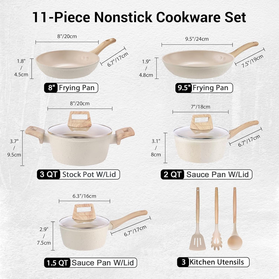 M MELENTA Pots and Pans Set Non Stick, 11 Piece Die-Cast Induction Hob Pan Set, Ceramic Cookware Set Nonstick Cooking Sets with Frying Pans, Saucepan Set, 100% PFOA Free, Cream