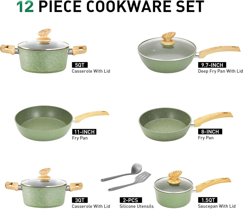 Kitchen Academy 12 Pieces Nonstick Pots and Pans Set, Induction Cooking Pan Set, Non Stick Saucepan Set, Frying Pan Set (Green)