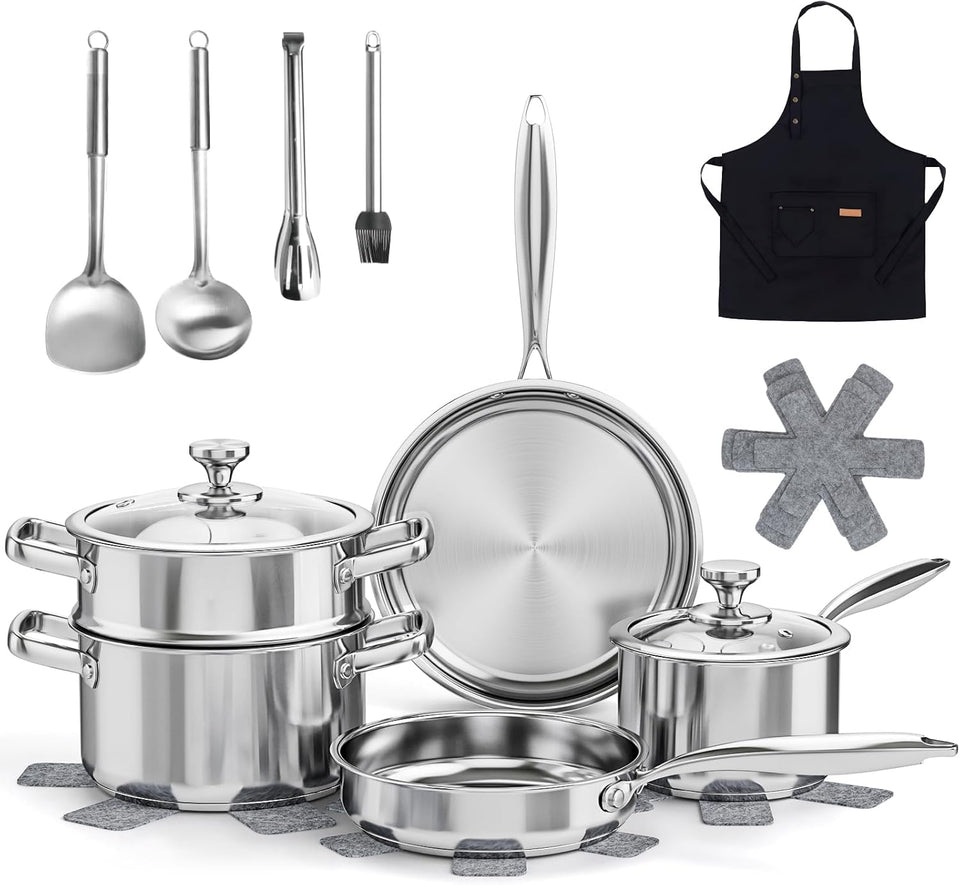 16-Piece Stainless Steel Saucepan Set, Induction Pots and Pans Set with Steamer & Glass Lids, Kitchen Cookware Set with Utensil Set Pot Protectors and Apron, Compatible with All Stoves