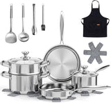 16-Piece Stainless Steel Saucepan Set, Induction Pots and Pans Set with Steamer & Glass Lids, Kitchen Cookware Set with Utensil Set Pot Protectors and Apron, Compatible with All Stoves