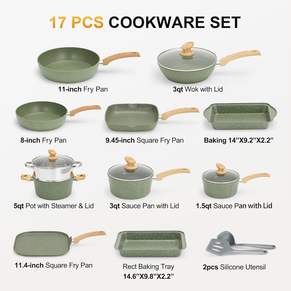 Kitchen Academy 17 Piece Non-Stick Pots and Pans Set, Induction Pan Set, Granite Non-Stick Saucepan Set, Green