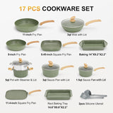 Kitchen Academy 17 Piece Non-Stick Pots and Pans Set, Induction Pan Set, Granite Non-Stick Saucepan Set, Green