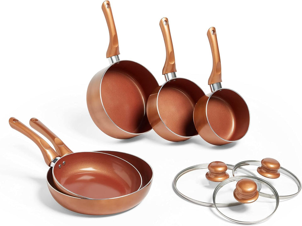 VonShef Pots and Pans Set, 5 Piece Induction Safe, Non-Stick Saucepan and Frying Pan Set, Easy Clean Copper Pots and Pans Set with Glass Lids, PFAS, PTFE, PFOA, Lead & Cadmium Free