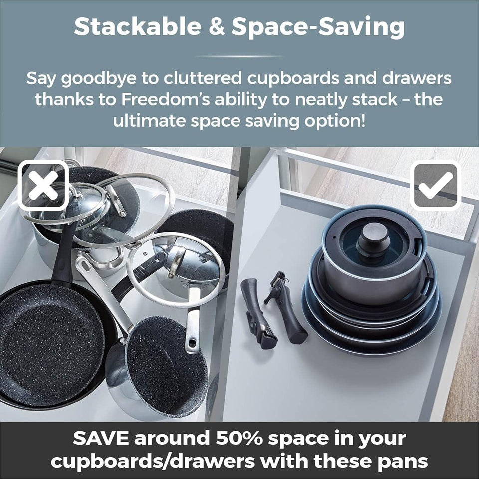 Tower Freedom T800201 7 Piece Cookware Set with Ceramic Coating, Stackable Design and Detachable Handle, Graphite, Aluminium, Black