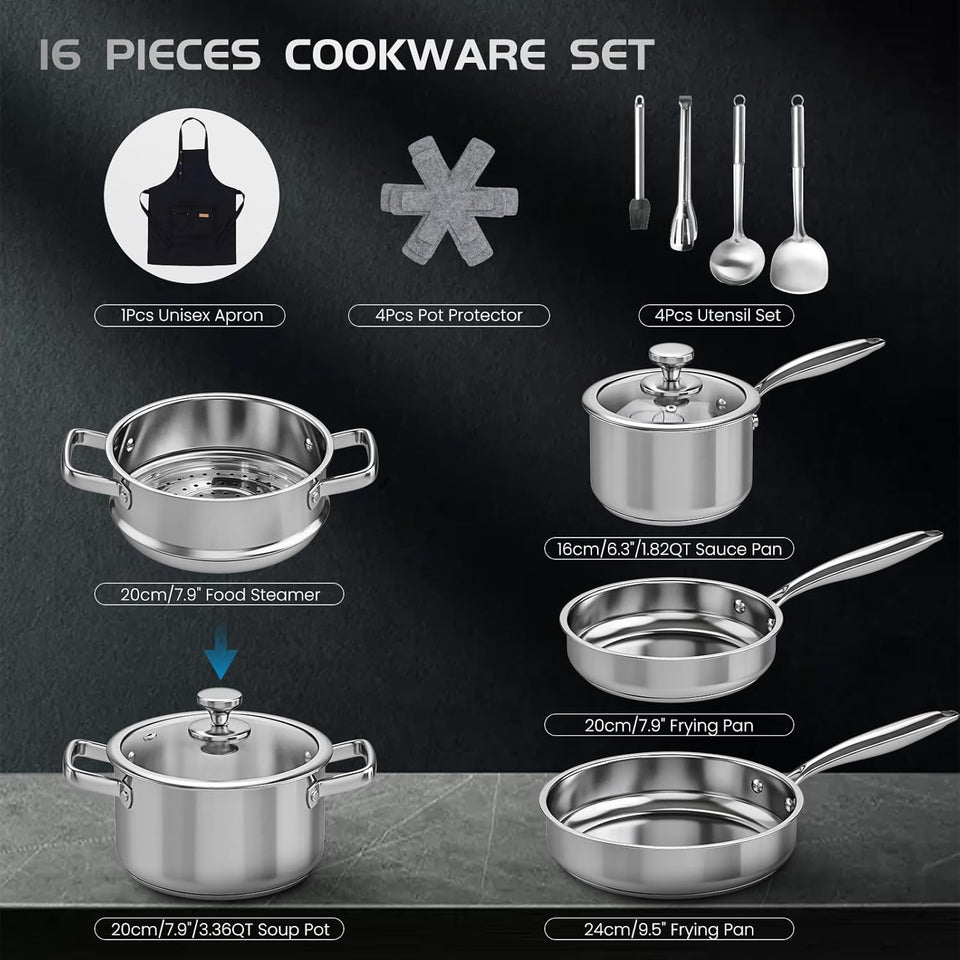 16-Piece Stainless Steel Saucepan Set, Induction Pots and Pans Set with Steamer & Glass Lids, Kitchen Cookware Set with Utensil Set Pot Protectors and Apron, Compatible with All Stoves