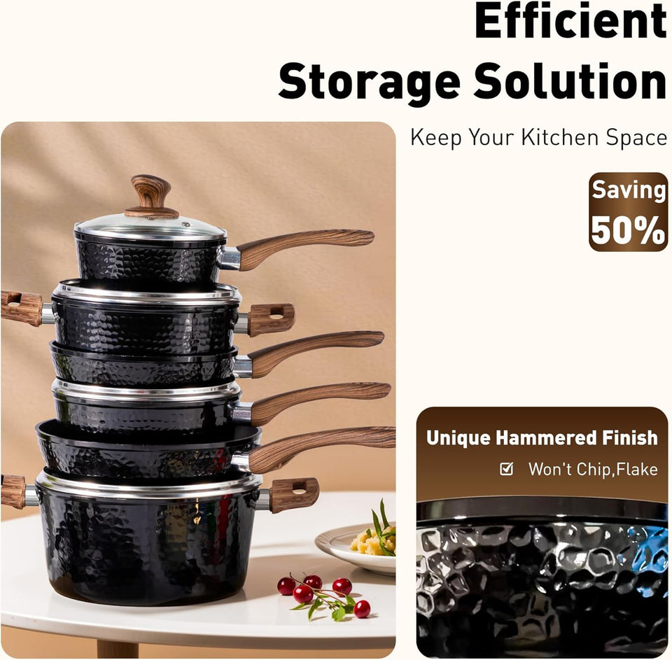 DishDelight Induction Hob Pan Set Pots and Pans Sets Non Stick 15pcs Saucepan Set with Lids Granite Cookware Nonstick Cooking Pot Frying Pan