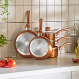 VonShef Pots and Pans Set, 5 Piece Induction Safe, Non-Stick Saucepan and Frying Pan Set, Easy Clean Copper Pots and Pans Set with Glass Lids, PFAS, PTFE, PFOA, Lead & Cadmium Free