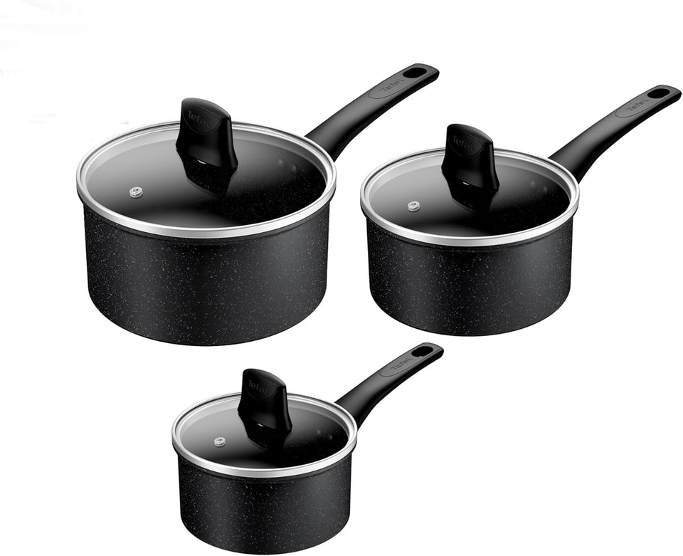 Tefal Titanium Stone Induction Non-Stick 5pc Set: Saucepan 16/18/20 + lids, Frying pan 24/28cm, High-Performance Non-Stick Coating, Metal Safe, All Hobs Including Induction, Thermo-Signal, E105S545