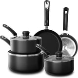 KICHLY Set of 8 Non-Stick Pots and Pans Cookware Suitable for Induction Hob with 20cm, 28cm Frying Pans and 16cm, 18cm, 20cm Saucepans Set with Lids (Black)