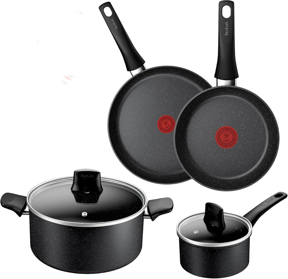 Tefal Titanium Stone Induction Non-Stick 5pc Set: Saucepan 16/18/20 + lids, Frying pan 24/28cm, High-Performance Non-Stick Coating, Metal Safe, All Hobs Including Induction, Thermo-Signal, E105S545