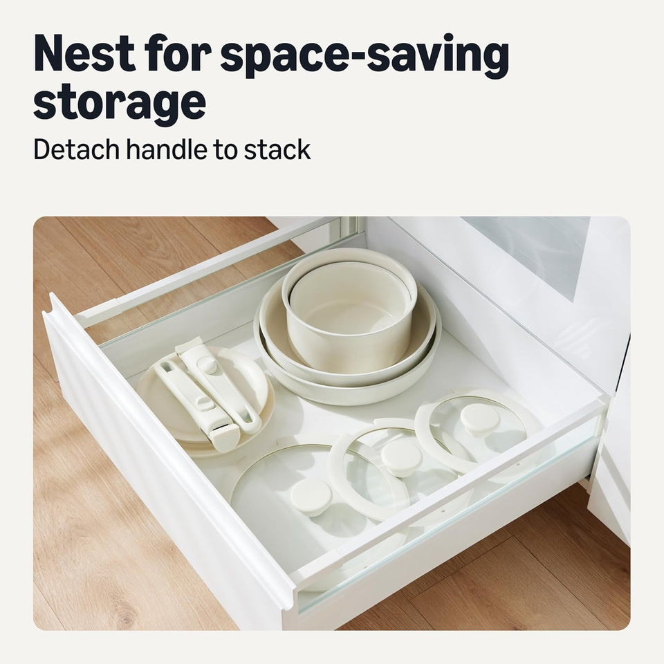 Amazon Basics Ceramic Nonstick Pots and Pans Set with Detachable Handle, 11-Piece Stackable Set, All Cooktop Friendly, Includes Saucepan, Frying pan, Ivory