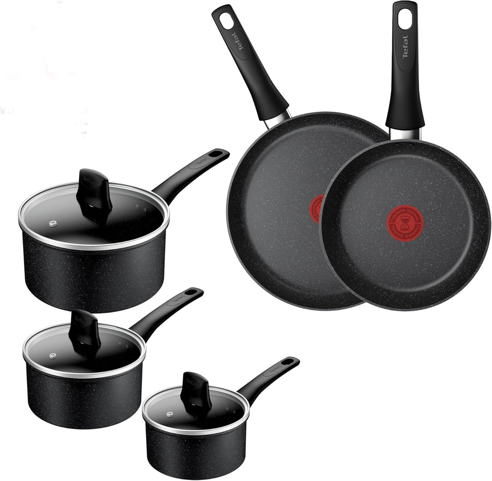 Tefal Titanium Stone Induction Non-Stick 5pc Set: Saucepan 16/18/20 + lids, Frying pan 24/28cm, High-Performance Non-Stick Coating, Metal Safe, All Hobs Including Induction, Thermo-Signal, E105S545