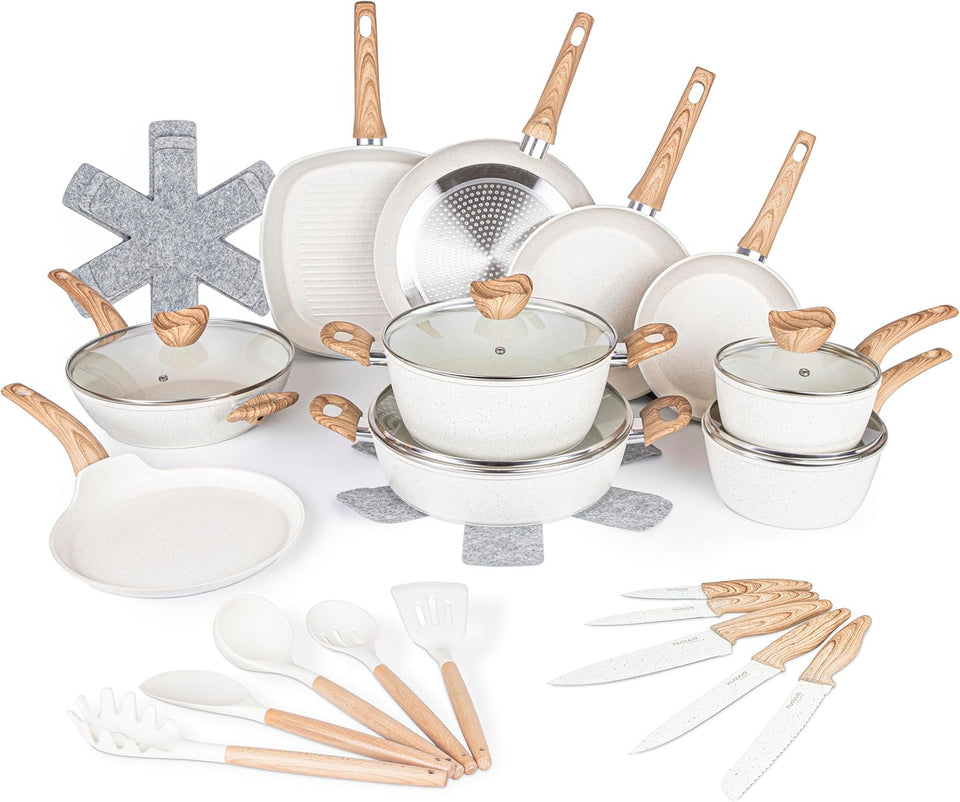 Non Stick Pots and Pans Set – Induction Hob Pot Set – 8pcs Kitchen Cookware with Lids – Cooking Marble Saucepan Pots and Frying Pans – by Nuovva