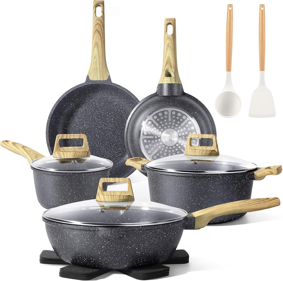 GiPP Pots and Pans Set Non Stick - 14 Piece White Ceramic Kitchen Cookware Sets Nonstick Induction Cookware Non-Toxic Cooking Pan Set with Silicone Spatula&Spoon, PFOS and PFOA Free (White, 14PCS)